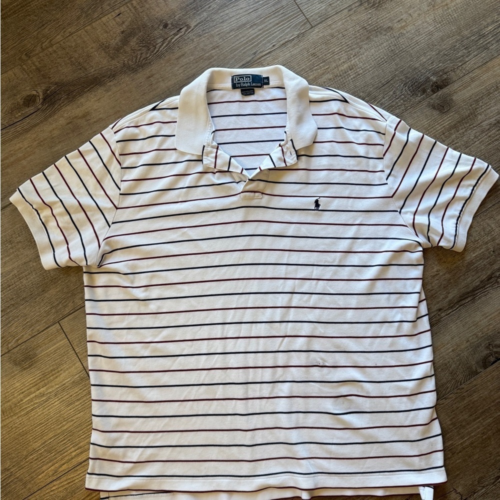 Polo by Ralph Lauren Men's white with maroon and navy Striped Shirt.